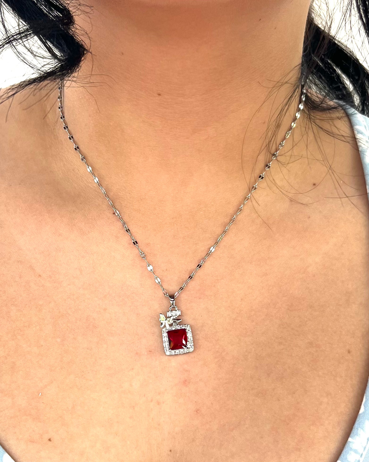 Stainless Steel Baguette Red Pendant Necklace with Butterfly - SNC009 - BUJIX