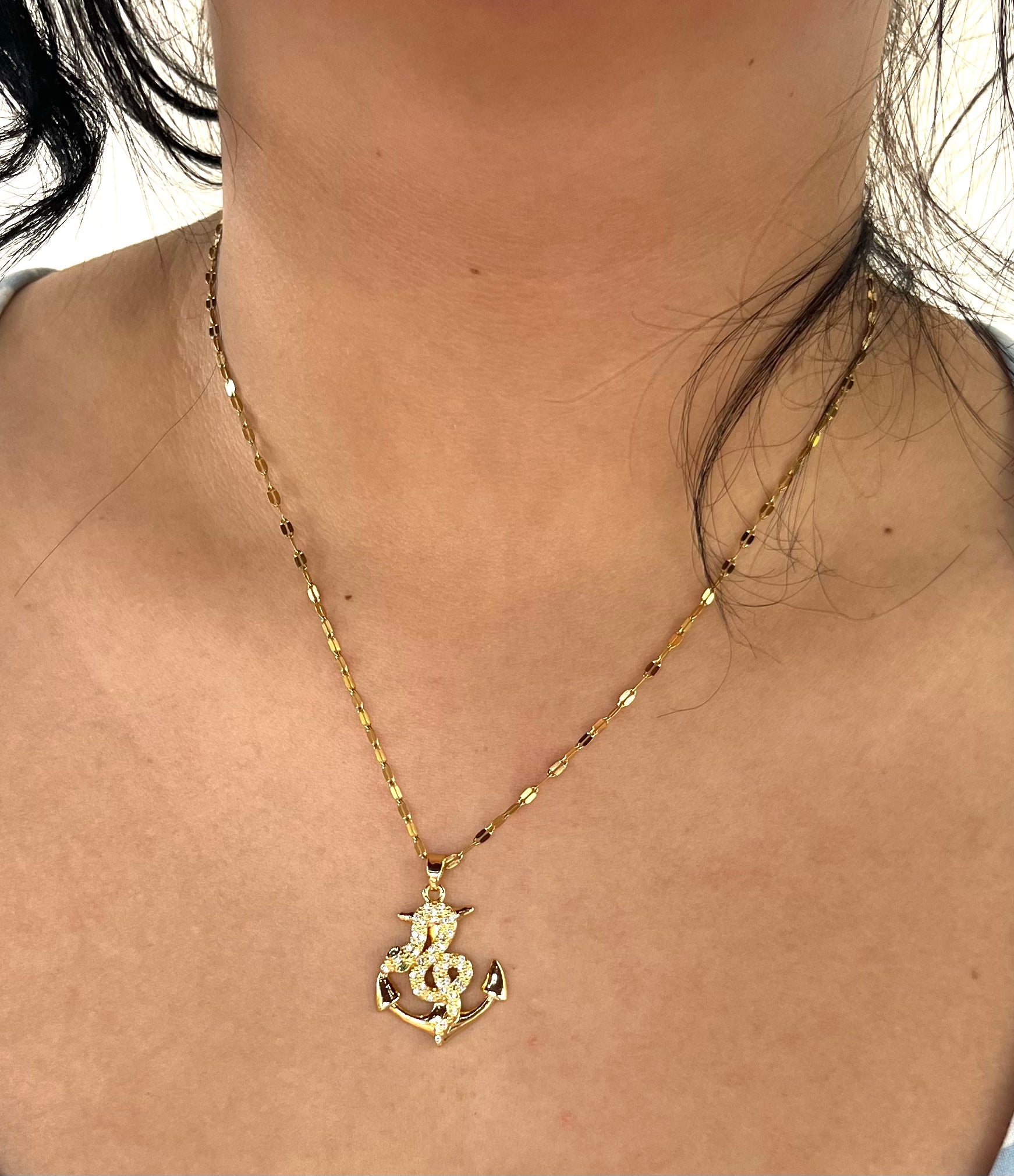 Stainless Steel Anchor Pendant Necklace with Zircon - SND010 - BUJIX