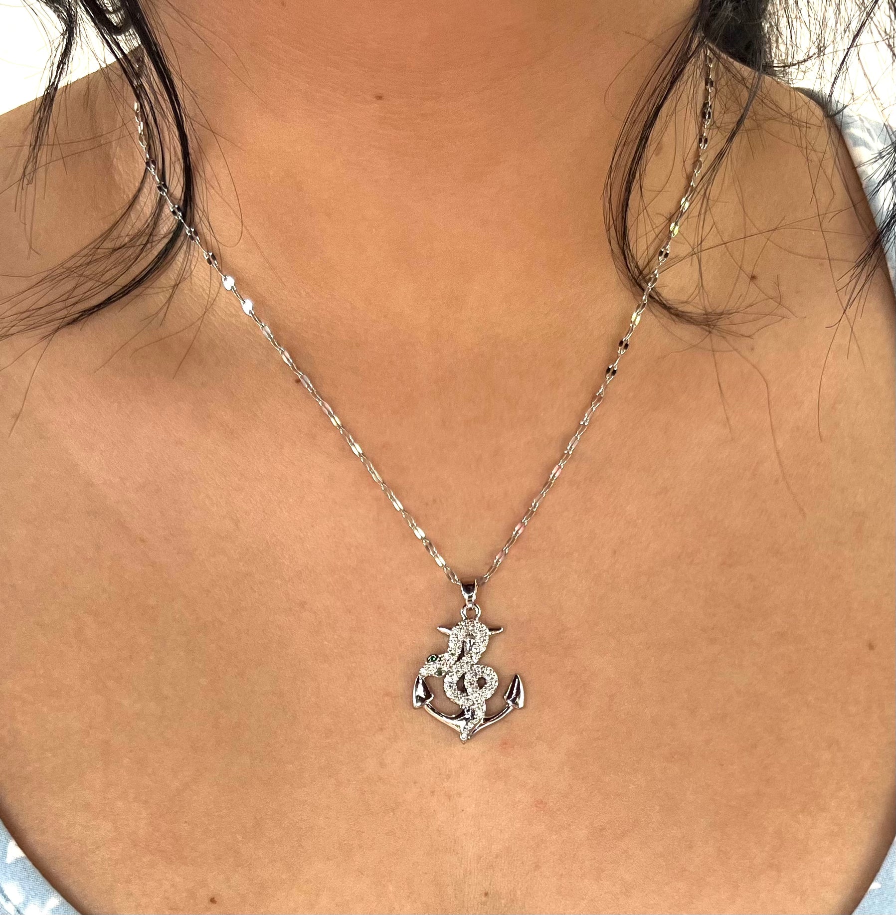 Stainless Steel Anchor Pendant Necklace with Zircon - SND010 - BUJIX