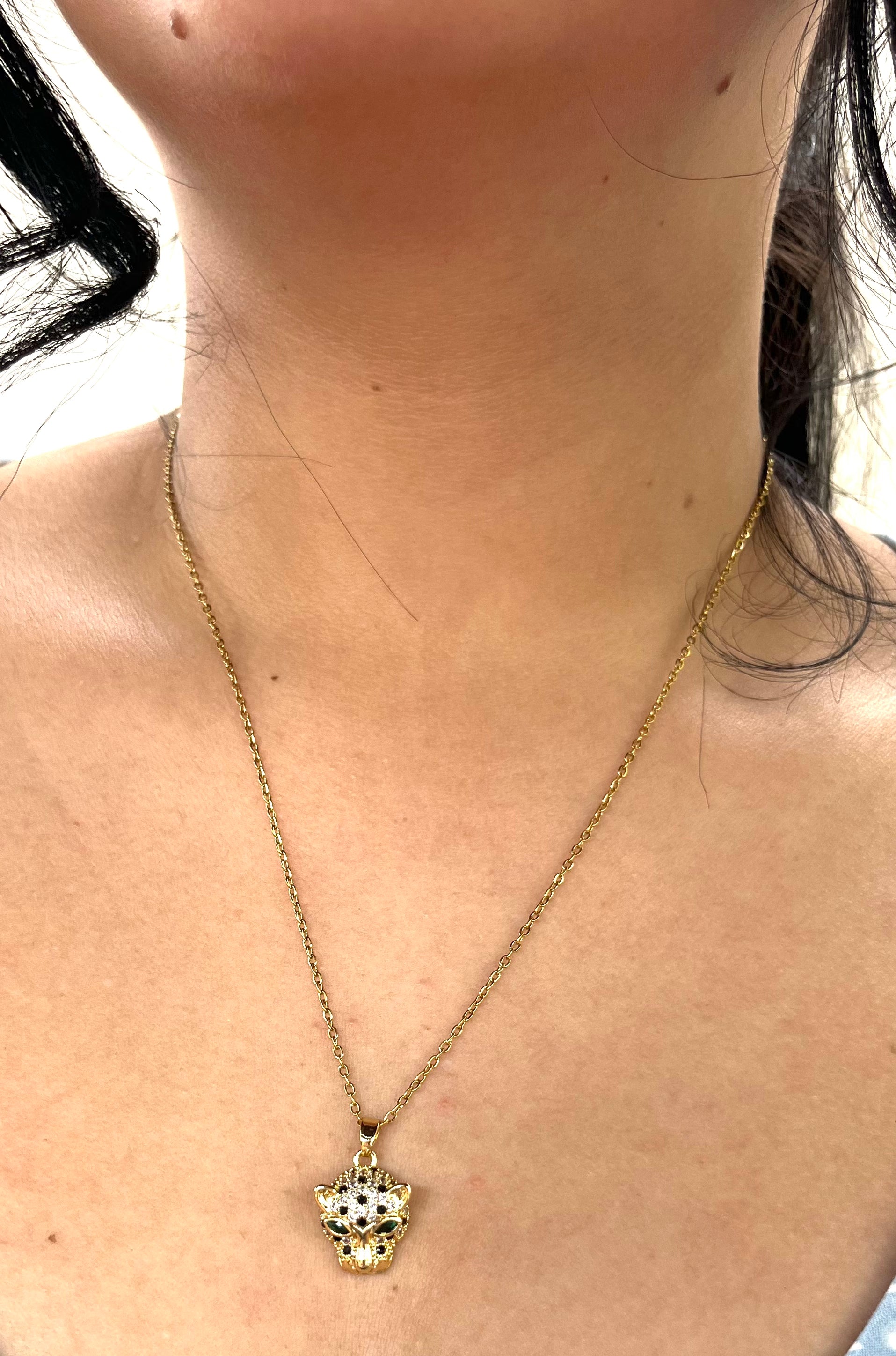 Stainless Steel Tiger Pendant Necklace with Red Stones - SND014 - BUJIX