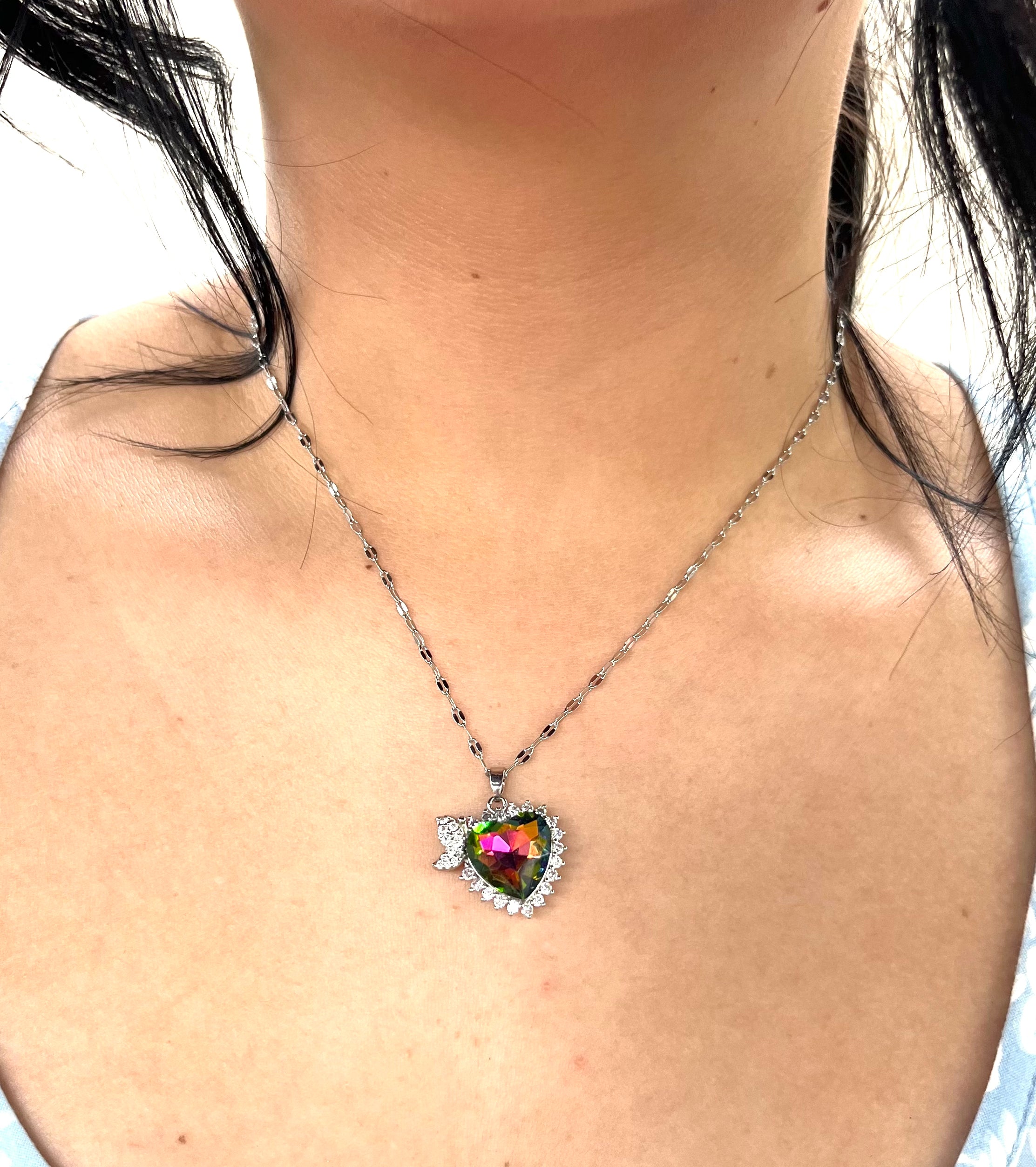 Stainless Steel Heart Shaped Pendant Necklace with Zircon - SND001 - BUJIX