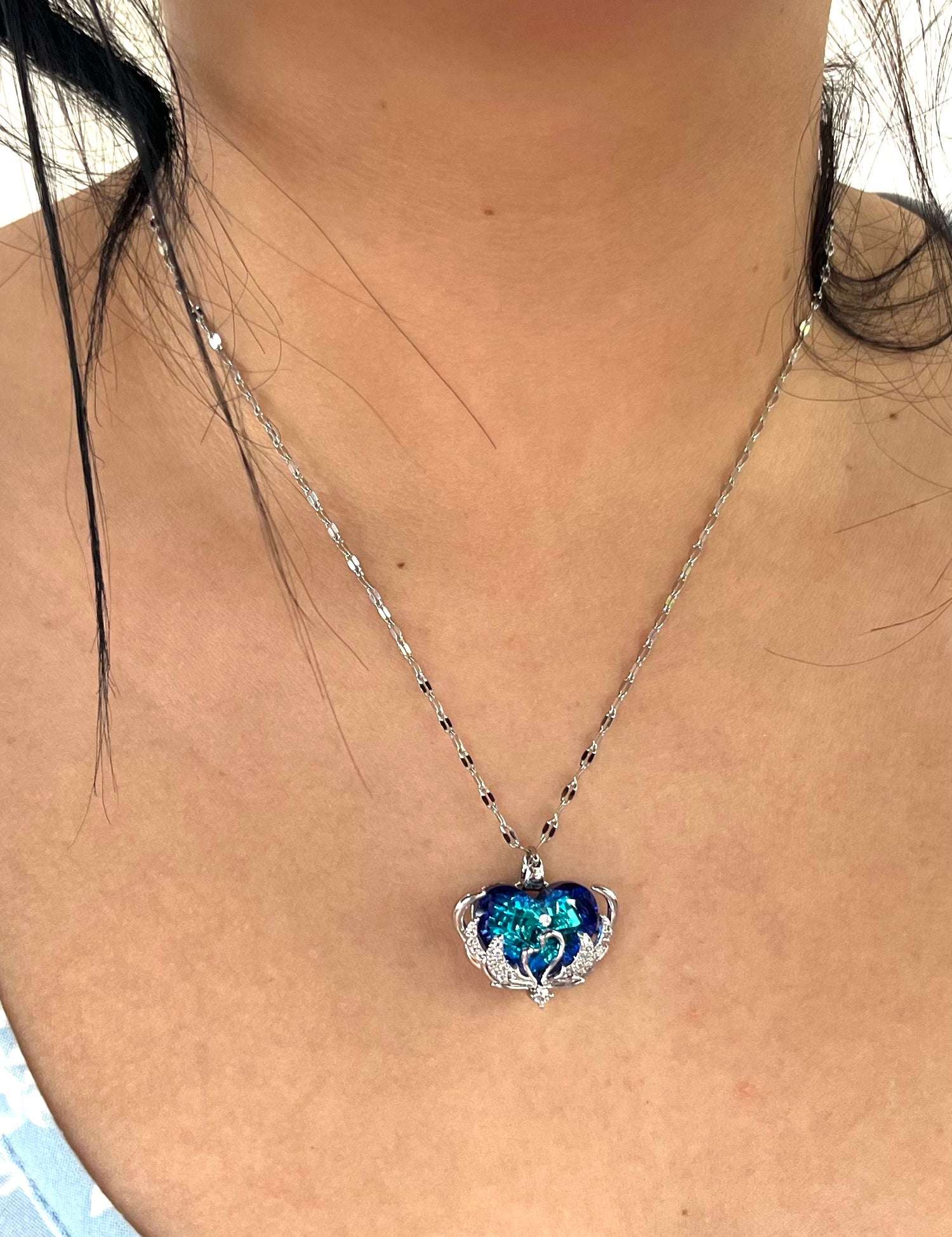 Stainless Steel Heart Shaped Pendant Necklace with Zircon Branches - SND003 - BUJIX