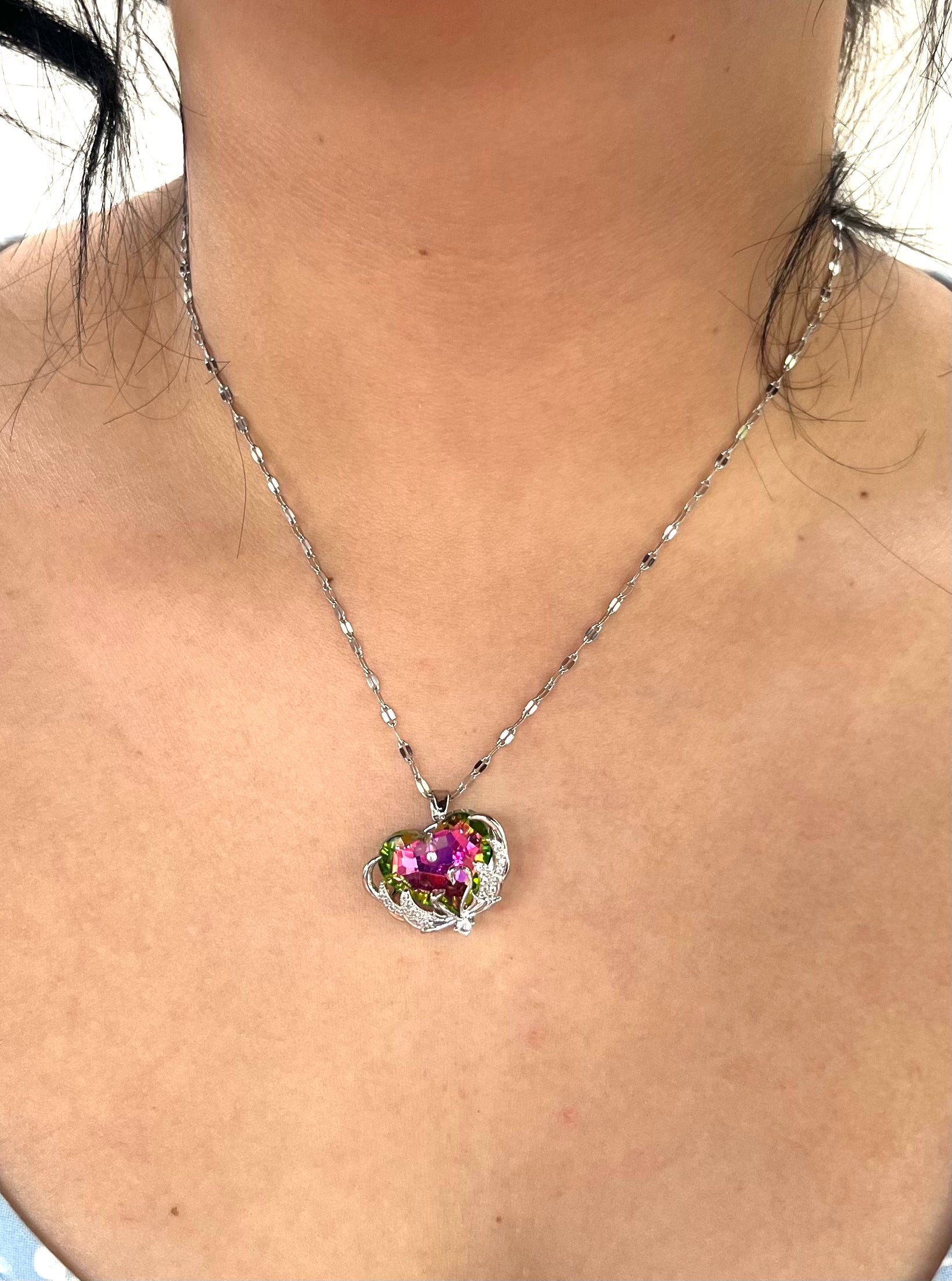 Stainless Steel Heart Shaped Pendant Necklace with Zircon Branches - SND003 - BUJIX