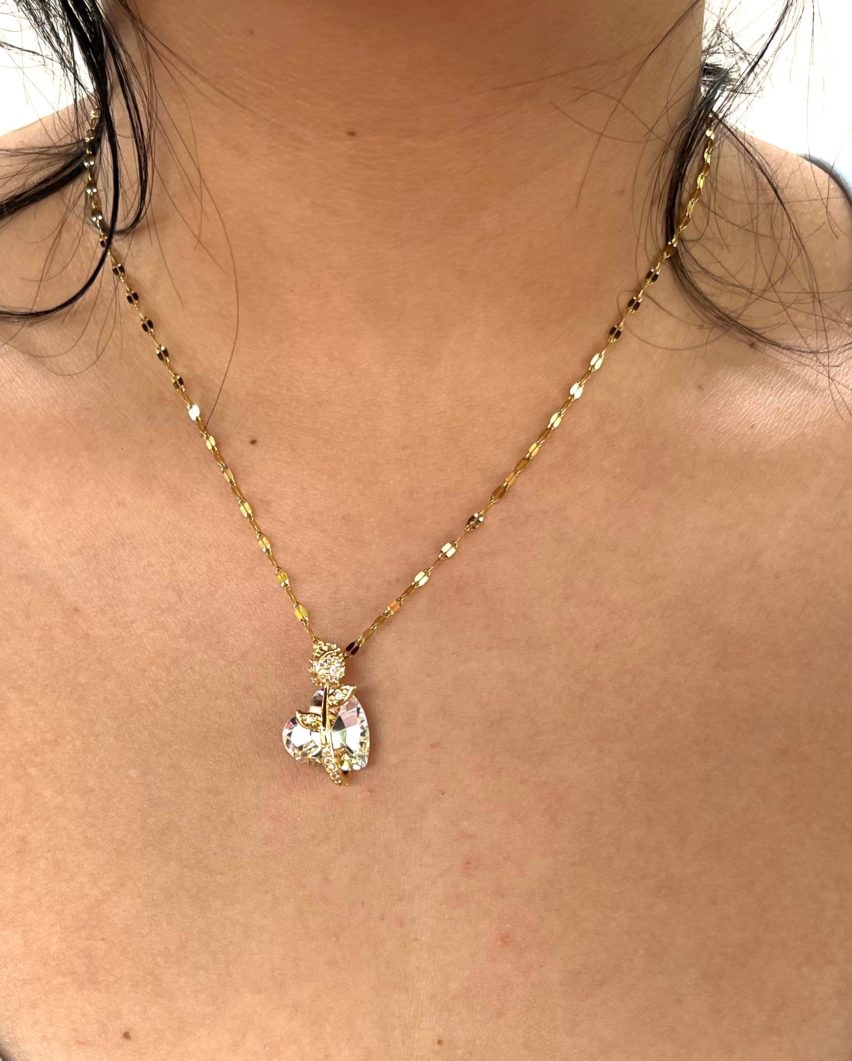 Stainless Steel Heart Shaped Pendant Necklace with Zircon Stone - SND004 - BUJIX