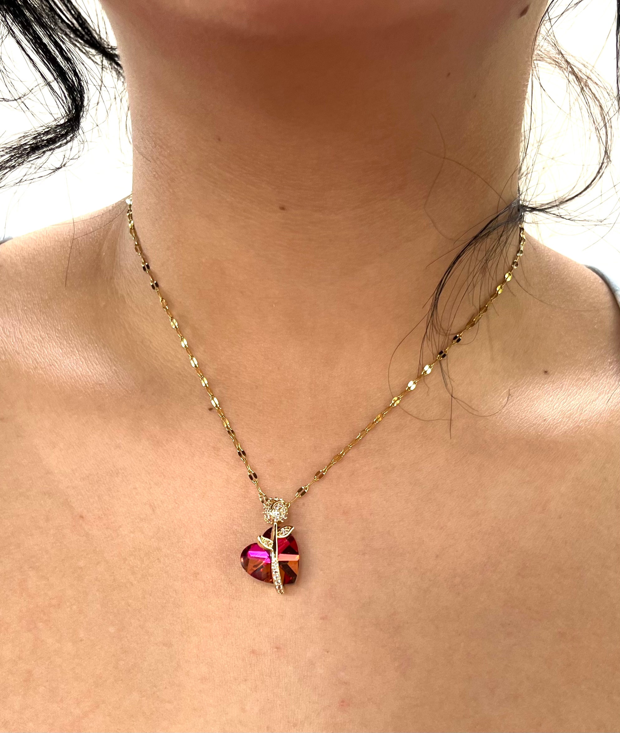 Stainless Steel Heart Shaped Pendant Necklace with Red Gemstone - SND005 - BUJIX