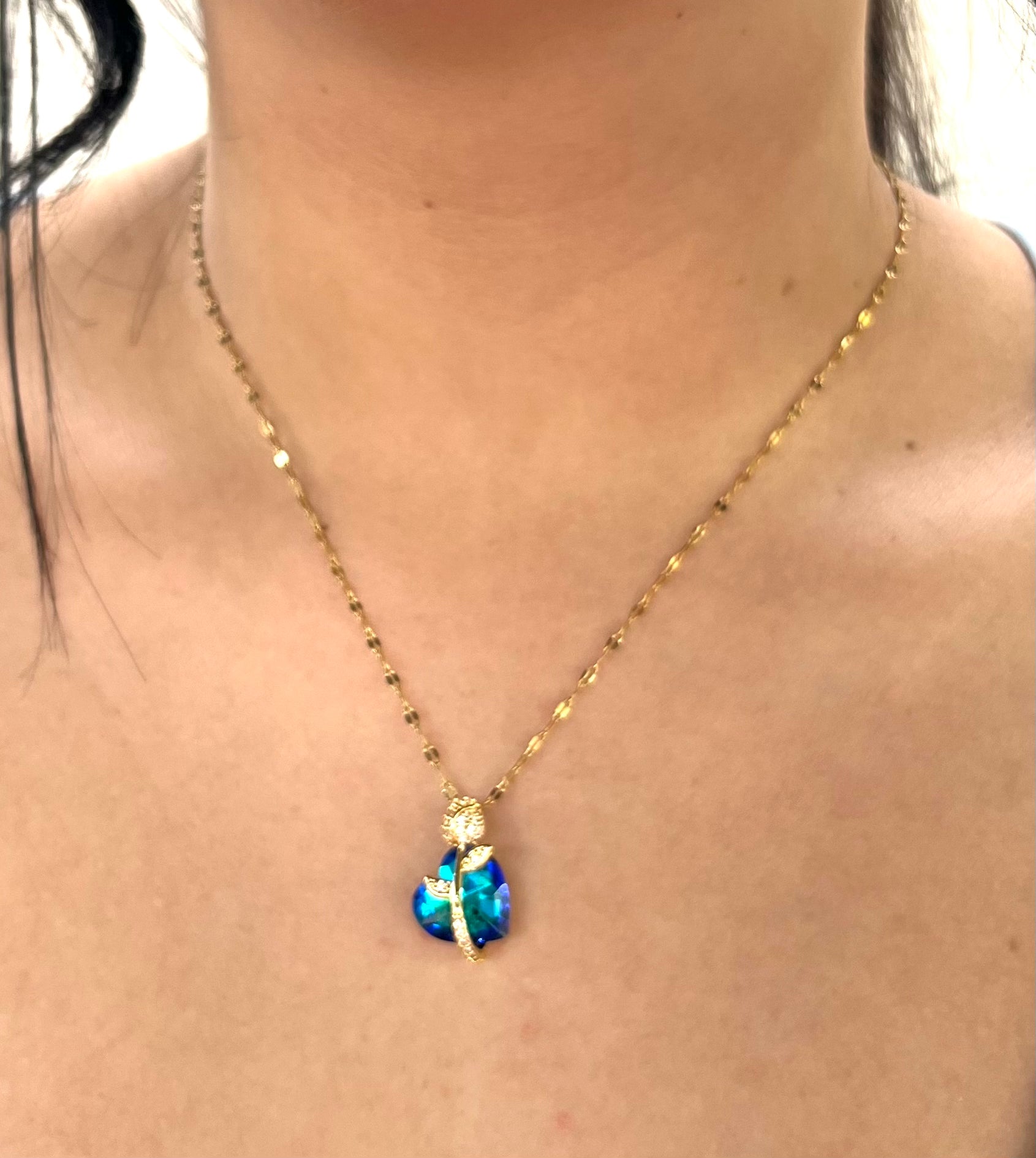 Stainless Steel Heart Shaped Pendant Necklace with Blue Gemstone - SND006 - BUJIX