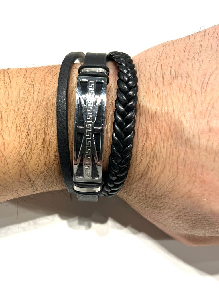 Stainless Steel Bracelet with Braided Leather for Men - SBFMK6 - BUJIX