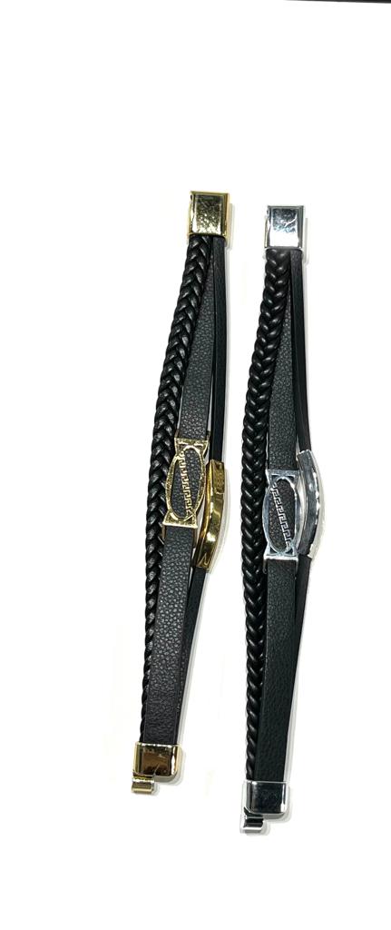 Stainless Steel Bracelet with Braided Leather for Men - SBFMK7 - BUJIX