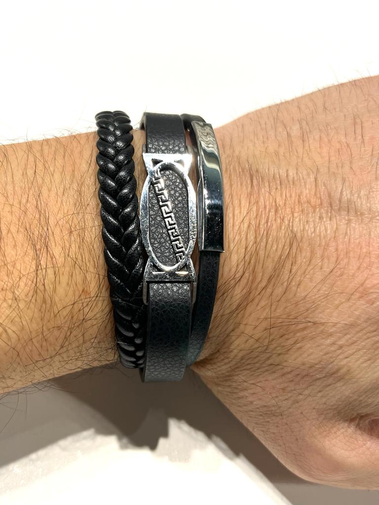 Stainless Steel Bracelet with Braided Leather for Men - SBFMK7 - BUJIX