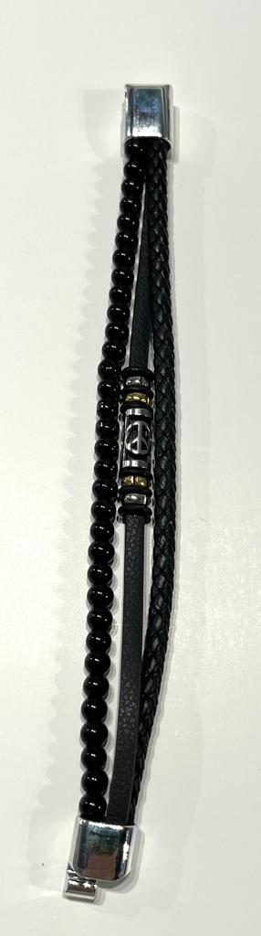 Stainless Steel Peace Bracelet with Braided Leather for Men - SBFMK8 - BUJIX