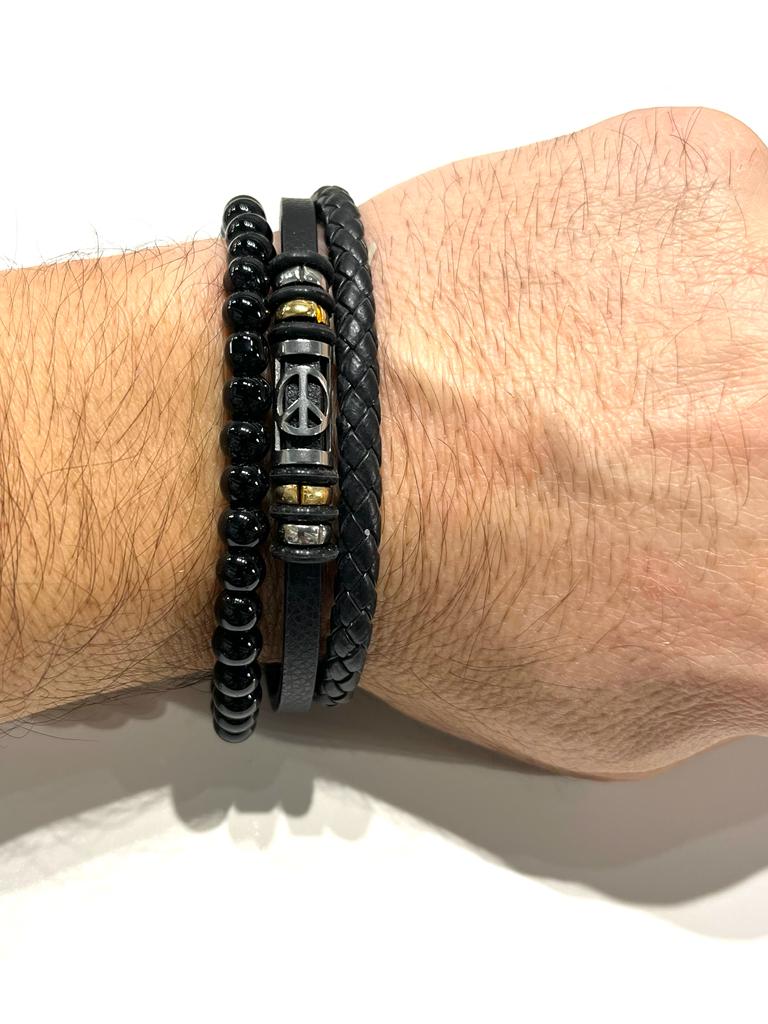 Stainless Steel Peace Bracelet with Braided Leather for Men - SBFMK8 - BUJIX