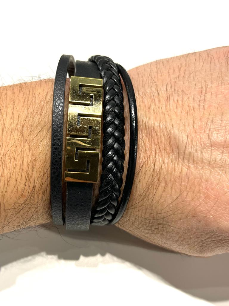 Stainless Steel Bracelet with Braided Leather for Men - SBFMK10 - BUJIX