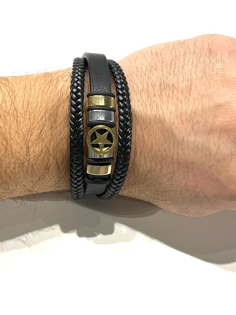Stainless Steel Star Bracelet with Braided Leather for Men - SBFMK3 - BUJIX