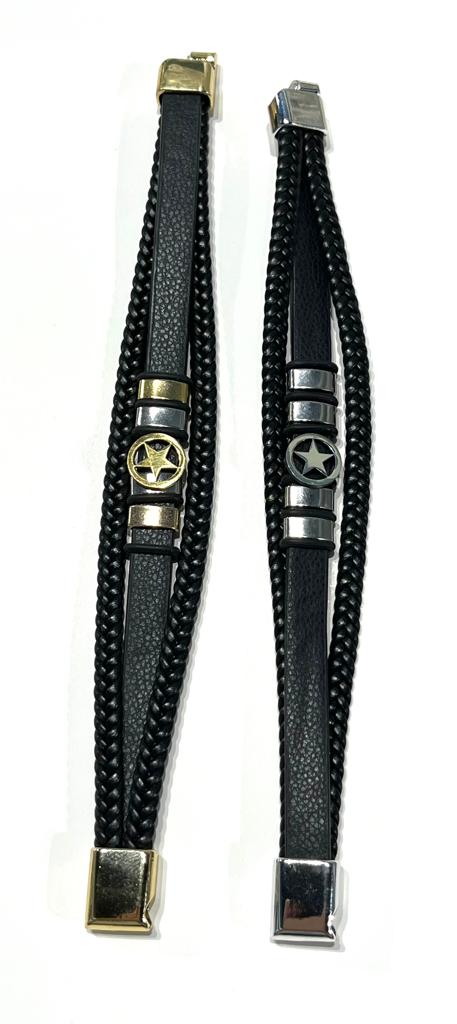 Stainless Steel Star Bracelet with Braided Leather for Men - SBFMK3 - BUJIX