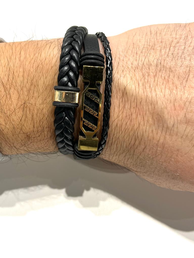 Braided Leather Bracelet with Stainless Steel Ornament for Men - SBFMK4 - BUJIX