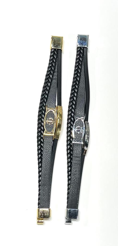Stainless Steel Anchor Bracelet with Braided Leather for Men - SBFMK11 - BUJIX