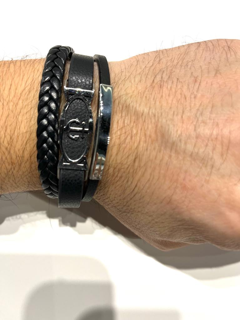 Stainless Steel Anchor Bracelet with Braided Leather for Men - SBFMK11 - BUJIX