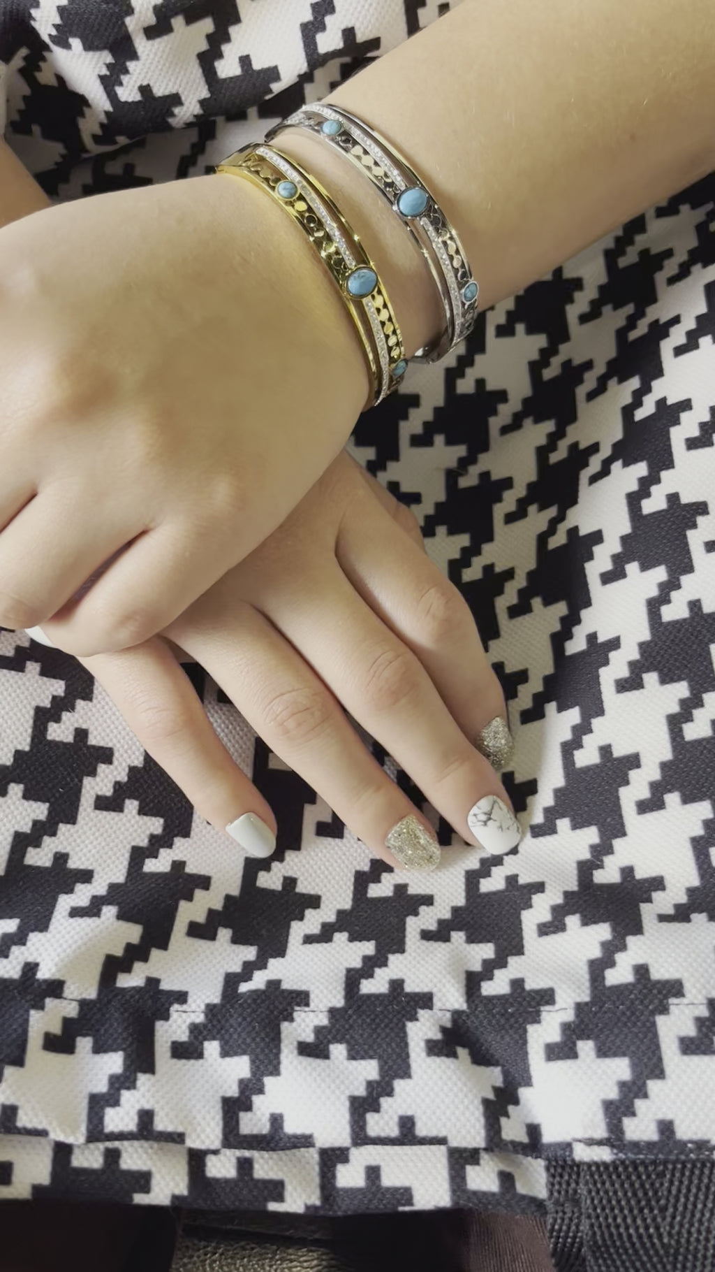 Stainless Steel Paved Zircon Bracelet with Turquoise Stone - SCBR5N07