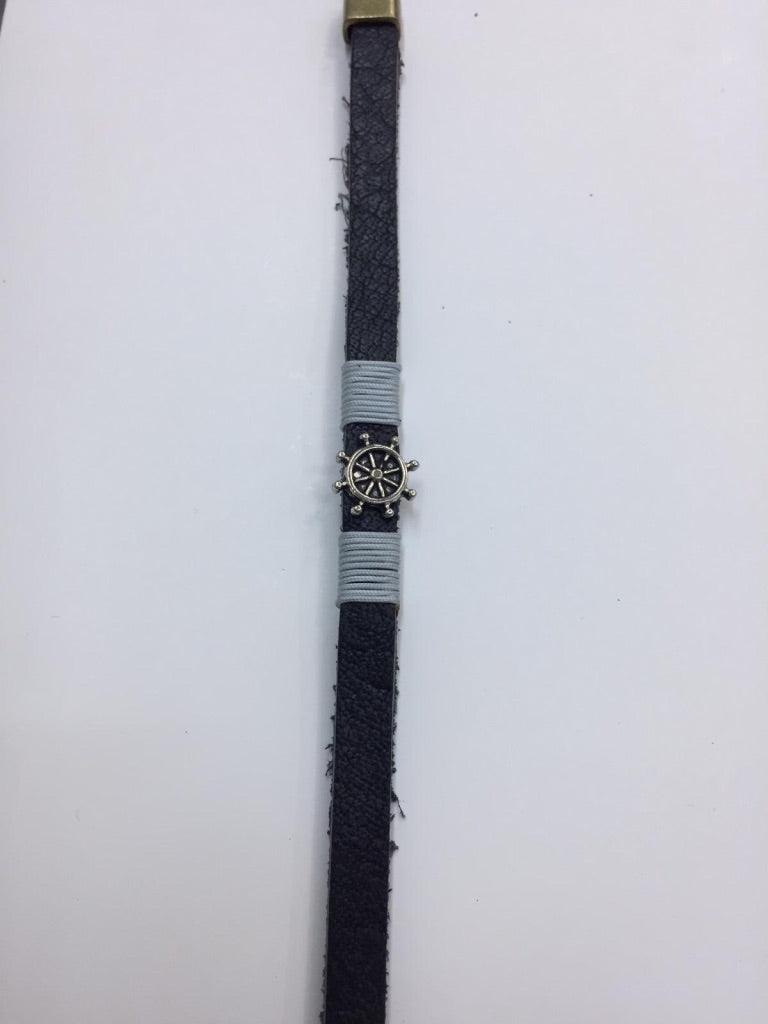 Black Leather Bracelets with Rudder Charm 2 